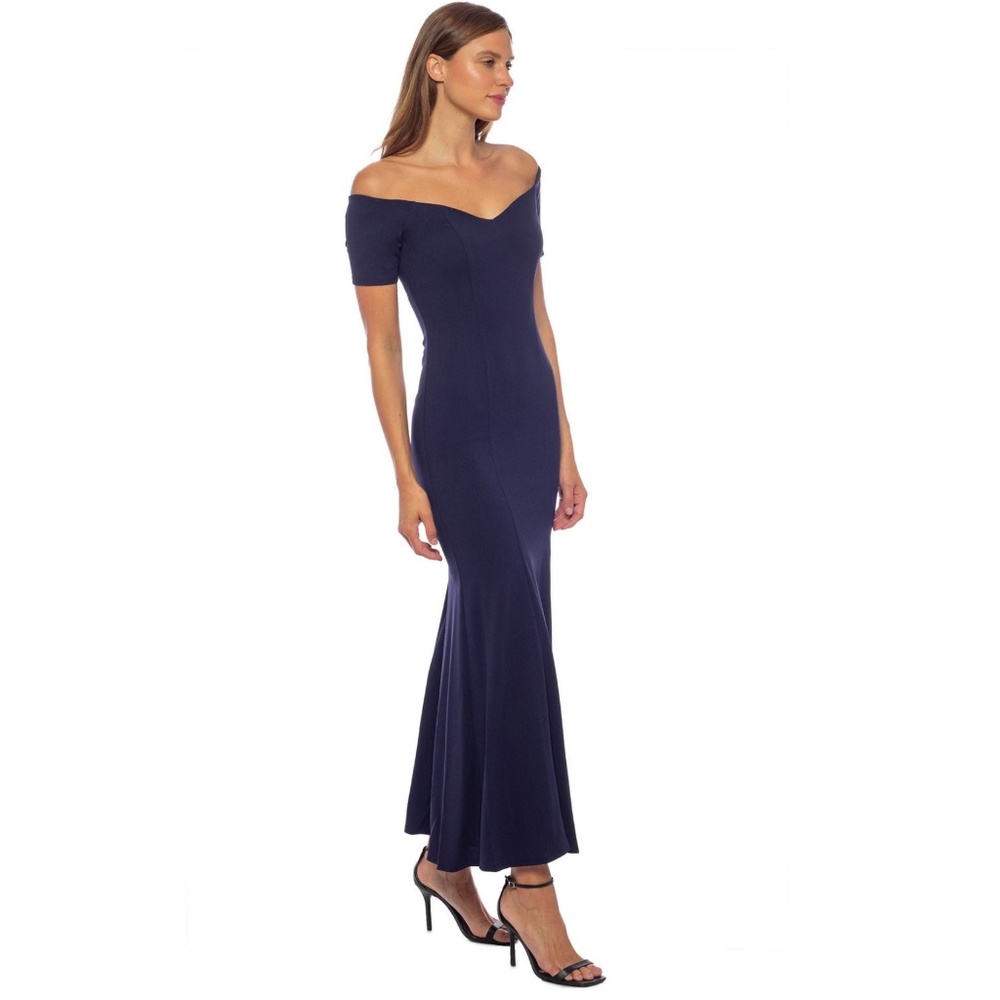 Marina: Short Sleeve Off Shoulder Scuba Crepe Long Dress in Navy (NWT) - Picture 2 of 3